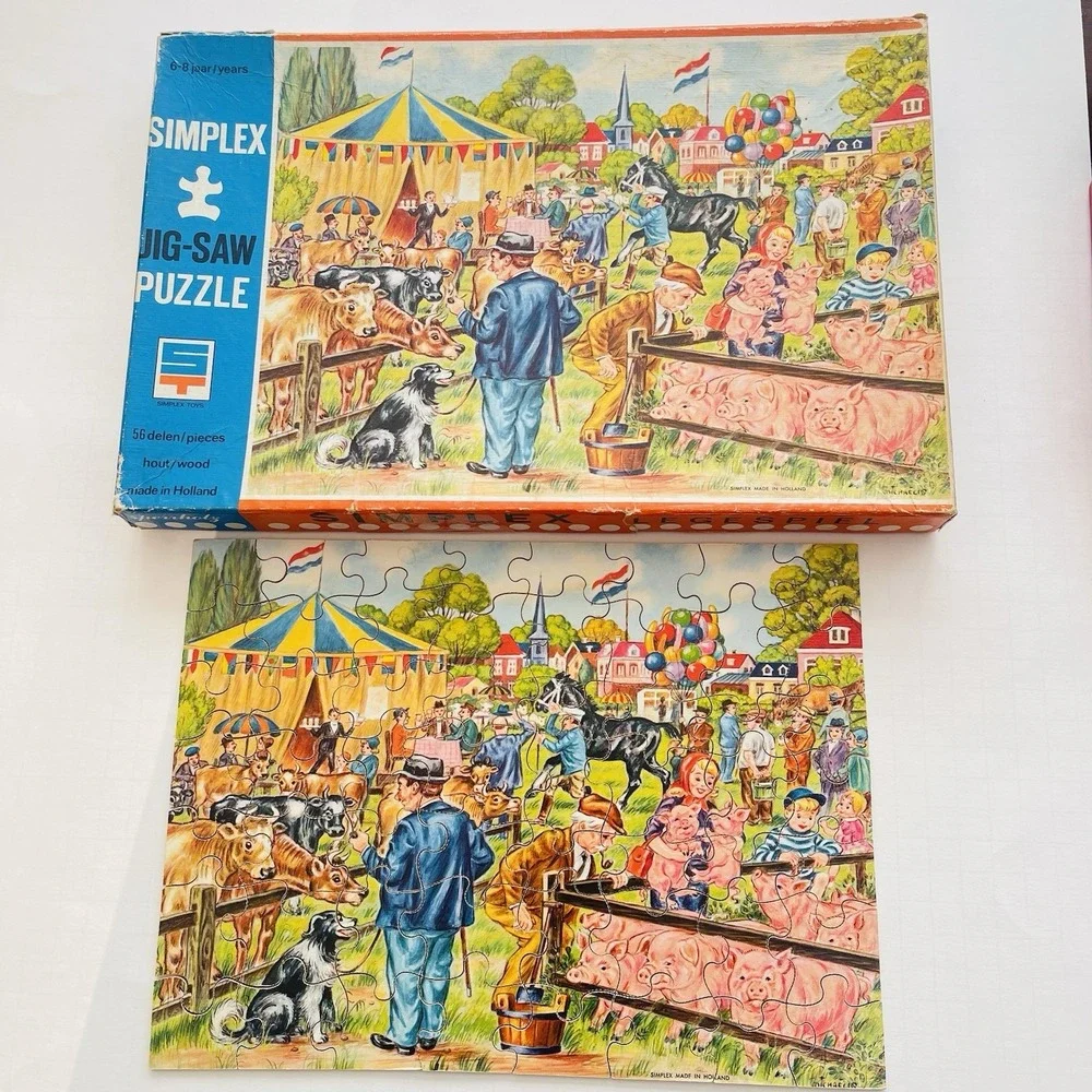 Vtg Simplex Wooden Jigsaw Puzzle 56 Pieces Farm Fair Made In Holland